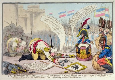 La rendición de Ulm, o Buonaparte y el General Mack llegando a un entendimiento, publicado por Hannah Humphrey en 1805 de James Gillray