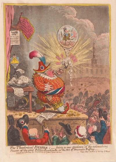 La burbuja teatral: siendo un nuevo espécimen de los asombrosos poderes del gran Politico-Punchinello en el arte del dramatismo, pub. 1805 de James Gillray