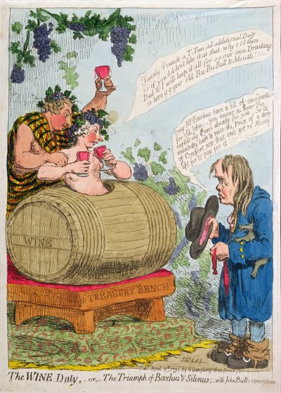 El impuesto sobre el vino, o el triunfo de Baco y Sileno con la protesta de John Bull, publicado por Hannah Humphrey en 1796 de James Gillray