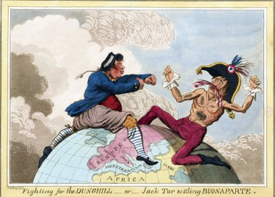 La lucha de los Dunghills o Jack Tar (en representación de los hombres de la Armada británica) contra Napoleón Bonaparte (1769-1821) de James Gillray