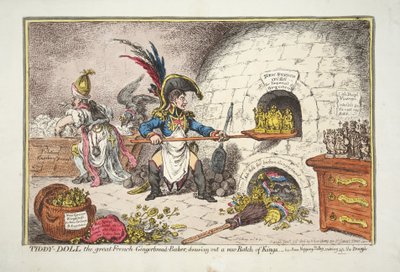 Tiddy-Doll, el gran panadero de jengibre francés, sacando un nuevo lote de reyes. - su hombre Hopping Talley, mezclando la masa, pub. 1806 (grabado coloreado a mano) de James Gillray