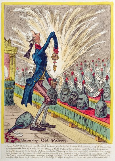 Descorchando el viejo jerez, publicado por Hannah Humphrey en 1805 de James Gillray