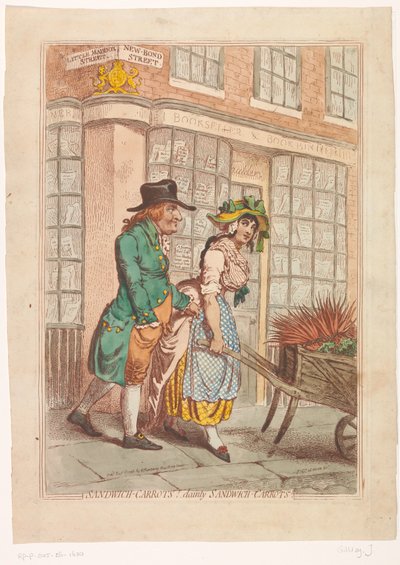 Mujer con una carretilla con raíces frente al escaparate del librero Robert Faulder en Londres Sándwich de zanahorias! Zanahorias delicadas para sándwich (título en el objeto) de James Gillray
