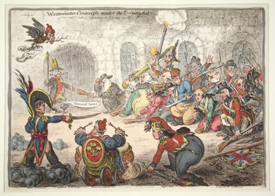 Conscritos de Westminster bajo la Ley de Entrenamiento, 1806 (grabado coloreado a mano) de James Gillray