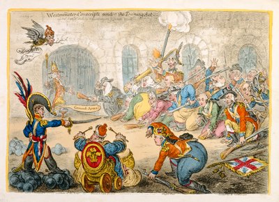 Reclutas de Westminster bajo la Ley de Entrenamiento, publicado por Hannah Humphrey en 1806 de James Gillray
