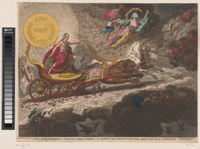 William Pitt verdrift de duistere kracten, 1795 Luz Expulsando la oscuridad, - evaporación de las exhalaciones estigias, -o- El sol de la constitución, elevándose por encima de las nubes de la oposición (título sobre el objeto) de James Gillray