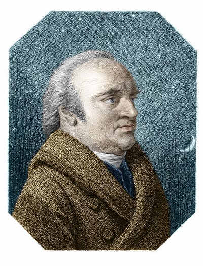 Retrato de William Herschel (1738 - 1822) sobre un fondo de cielo estrellado - de un grabado en cobre de James Godby de James Godby