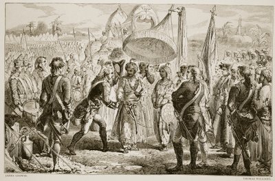 El encuentro de Lord Clive con Meer Jaffier, después de la Batalla de Plassey, grabado por Thomas Williams de James Godwin