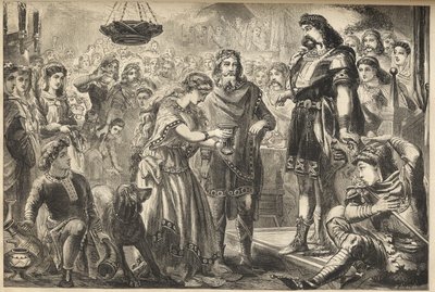 Vortigern (Gwrtheyrn) (siglo V) Rey de los Bretones y Rowena - Rowena, hija de Hengist, ofrece vino a Vortigern, rey tribal de los Britones - Vortigern, Rey de Bretaña, enamorado de Rowena en el Banquete de Hengist, el General Sajón - grabado de James Godwin