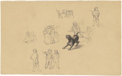 Perro ladrando y estudios para "Entrenamiento de milicia" de James Goodwyn Clonney