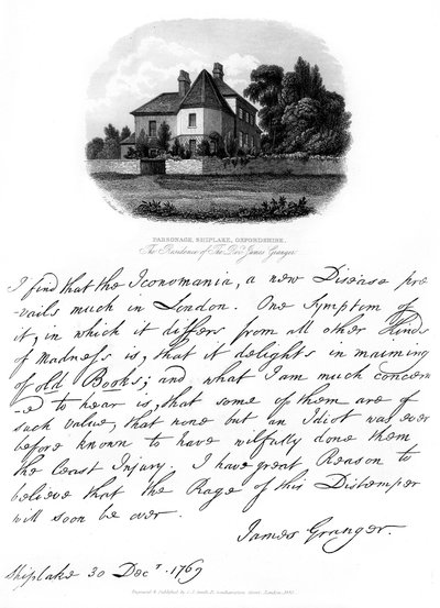 Una carta del reverendo James Granger y una vista de su residencia en Shiplake de James Granger