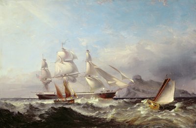 Un barco clipper frente al faro de Mumbles, Swansea de James Harris of Swansea