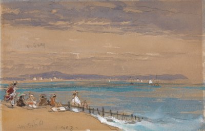 Escena de playa con figuras junto a un rompeolas de James Holland