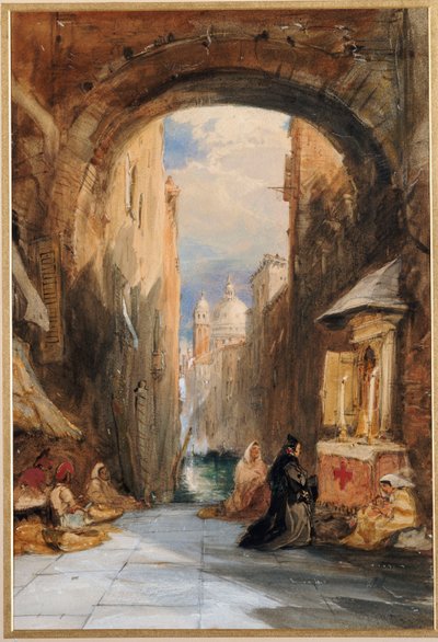 Venecia: una edicola bajo un arco, con Santa Maria della Salute en la distancia, 1853 de James Holland
