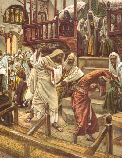 Jesús sana a un hombre poseído por un demonio en la sinagoga, ilustración para 