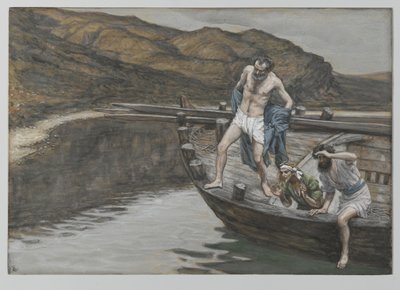 San Pedro alertado por San Juan de la presencia del Señor se lanza al agua, ilustración de La vida de nuestro Señor Jesucristo, 1886-94 de James Jacques Joseph Tissot