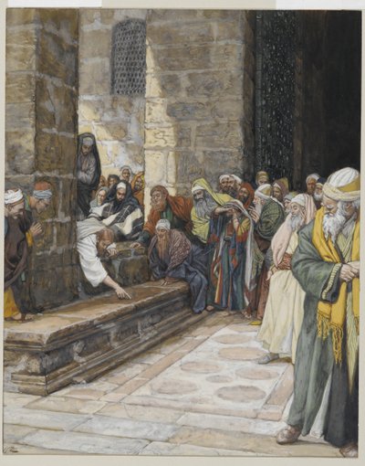 La mujer adúltera - Cristo escribiendo en el suelo, ilustración de La vida de nuestro Señor Jesucristo, 1886-94 de James Jacques Joseph Tissot