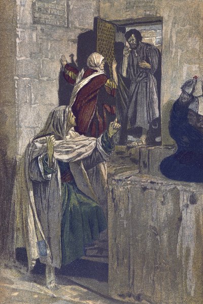 La primera negación de San Pedro - La primera negación de San Pedro - de La vida de nuestro Señor Jesucristo - 1899 por James Tissot - La vie de notre seigneur Jesus Christ, por Jacques Joseph Tissot de James Jacques Joseph Tissot