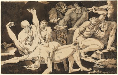 Figuras masculinas desnudas llevando los cuerpos de sus compañeros muertos de James Jefferys