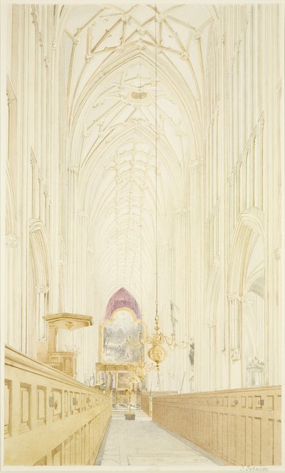 Nave de St Mary Redcliffe, mirando al este con el retablo de Hogarth de James Johnson
