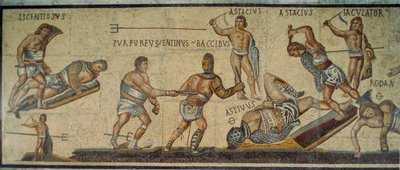 Mosaico romano que muestra a gladiadores luchando con diversas armas. Galería Borghese... de James L Stanfield