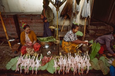 Vendedores de comida con la cara decorada con thanaka, corteza de árbol en polvo. Taunggyi, Birmania. de James L Stanfield