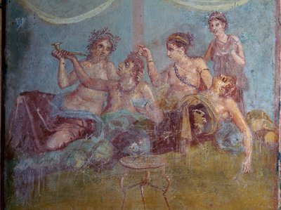 Fresco de la clase alta romana disfrutando lujosamente de la vida descubierto en Pompeya. Pompeya, Italia. de James L Stanfield