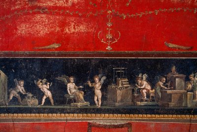 Fresco descubierto en Pompeya que muestra a querubines orfebres trabajando. Pompeya, Italia. de James L Stanfield