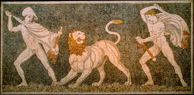 Mosaico de Alejandro Magno y Hefestión matando a un león. Arqueología de Pella... de James L Stanfield