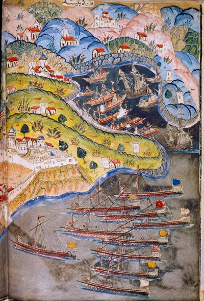 Piratas atacan Niza,Francia en poder del Imperio Romano, en 1543. Museo Topkapi, Estambul, Turquía. de James L Stanfield