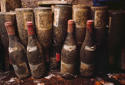 Botellas de vino tinto, cubiertas de moho, envejeciendo en una bodega. Tain-L
