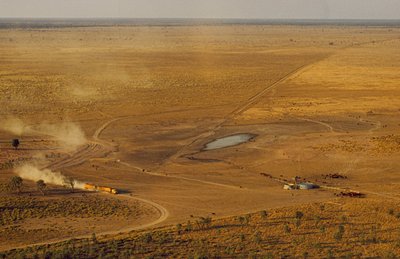 Un tren de carretera que transporta ganado atraviesa una meseta desértica. Australia Occidental, Australia. de James L Stanfield