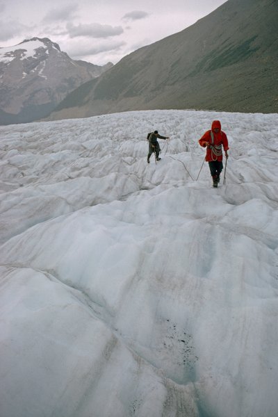 Dos alpinistas atados en un glaciar se acercan a una grieta. Monte Robson Prov... de James L Stanfield