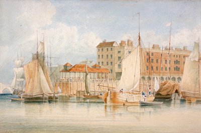 Vista del Muelle y Mercado de Billingsgate con Barcos y Gente, Ciudad de Londres de James Lambert