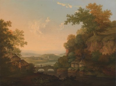 Escena fluvial con cabañas de paja junto a un puente sobre un embalse de James Lambert  of Lewes