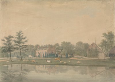 Vista noreste de una casa en Ringmer con ganado vacuno y ovino junto a un estanque de James Lambert  of Lewes