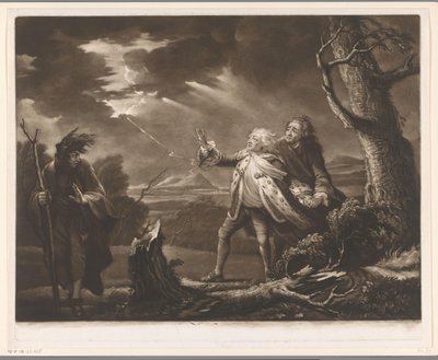 David Garrick como el Rey Lear con el Conde de Kent y Edgar disfrazado de Tom en un paisaje tormentoso de James McArdell