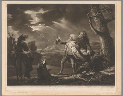 David Garrick como el Rey Lear con el Conde de Kent y Edgar disfrazado de Tom en un paisaje tormentoso de James McArdell