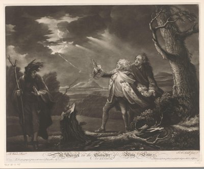 David Garrick como el Rey Lear con el Conde de Kent y Edgar disfrazado de Tom en un paisaje tormentoso Sres. Garrick en el personaje del Rey Lear (título sobre el objeto) de James McArdell