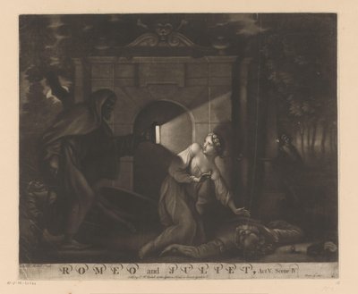 Julieta se arrodilla junto al cuerpo de Romeo y mira a un monje con una linterna Romeo y Julieta, Acto V. Escena IV. (título en el objeto) de James McArdell