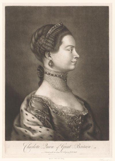 Portret van Charlotte van Mecklenburg Carlota Reina de Gran Bretaña (título sobre objeto) de James McArdell