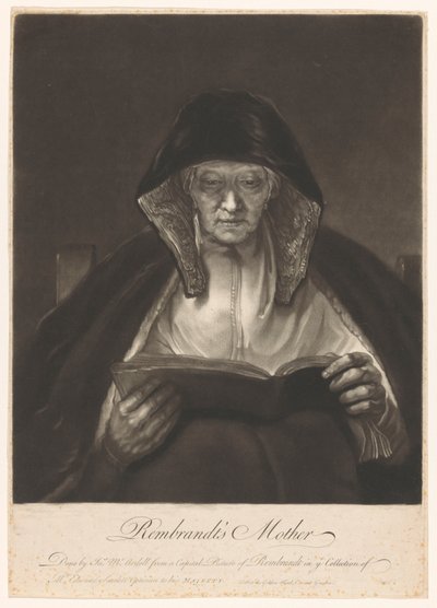 Retrato de una anciana leyendo La madre de Rembrandt (título sobre el objeto) de James McArdell