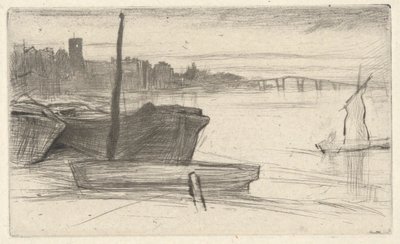 Chelsea Bridge and Church, from the Thames Set (una serie de dieciséis grabados de escenas en el Támesis y otros temas) de James Abbott McNeill Whistler