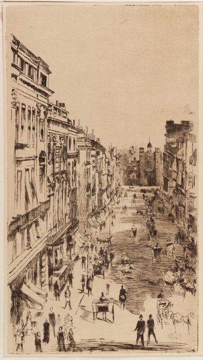 Calle St. James; reproducción litográfica invertida del grabado "Calle St. James," para Vanity Fair, Londres, 1878 de James Abbott McNeill Whistler