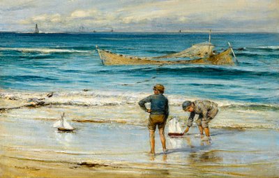 Barcos de juguete en la orilla (óleo sobre lienzo) de James Michael Brown
