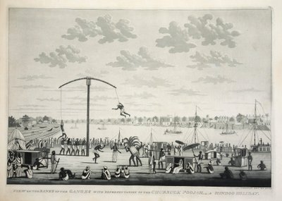 Vista en las orillas del Ganges con representación del Churruck Poojah, pub. 1810 grabado de James Moffat