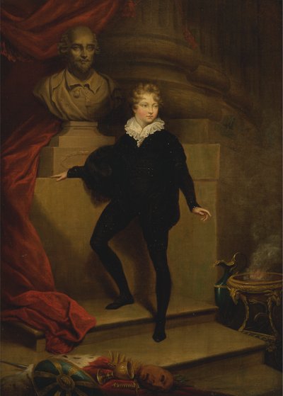 El maestro Betty como Hamlet, ante un busto de Shakespeare de James Northcote
