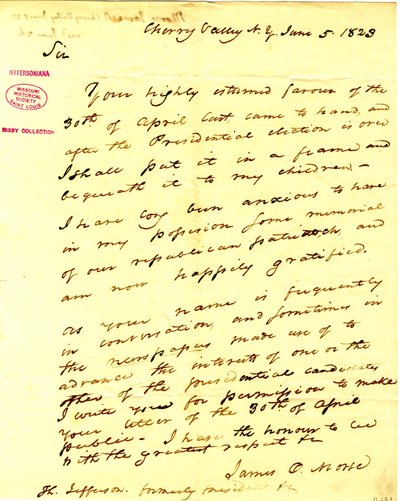 Le agradece por su respuesta del 30 de abril que tiene la intención de poner en un marco y guardar para sus hijos. (2 páginas) de James O. Morse