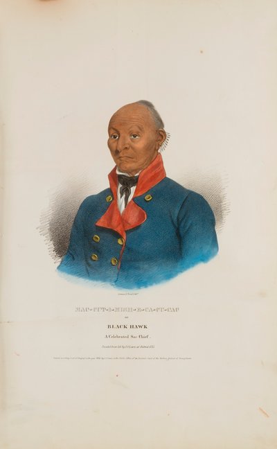 MAC-CUT-I-MISH-E-CA-CU-CAC o Halcón Negro; un célebre jefe Sac, de The Aboriginal Portfolio. de James Otto Lewis