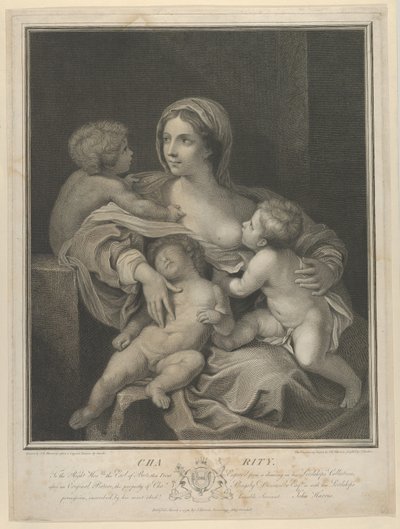Caridad sentada amamantando a un bebé, otro durmiendo en su regazo y un tercero hablando con ella, 1793 de James Parker